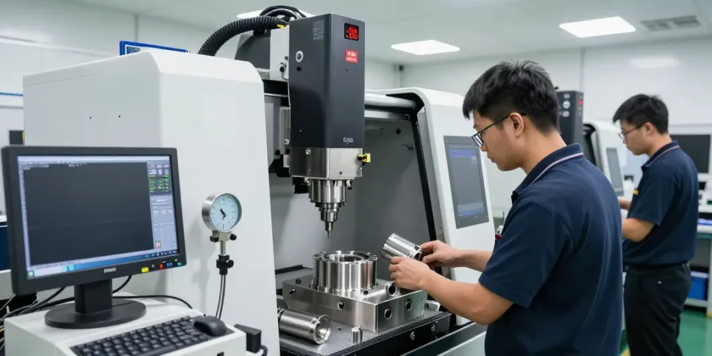 CNC stainless steel parts suppliers showcasing advanced machinery and skilled technicians in a dynamic workshop environment.