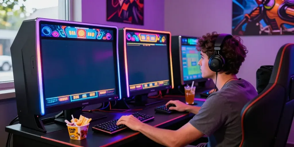 Engaged player at a situs slot gacor gaming setup with vibrant screens.