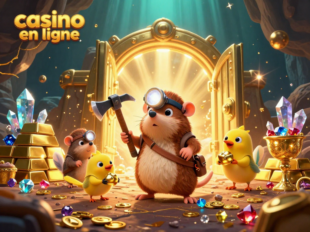 Plongez dans l'univers captivant du casino en ligne avec cette scène dynamique illustrant un chasseur de trésor cartoon.