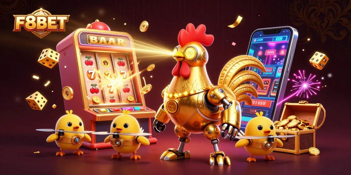 Experience F8BET's thrill with a golden rooster robot and dynamic casino visuals bursting with excitement.