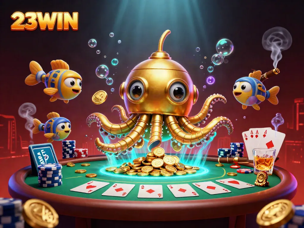 Engage with 23WIN for exciting casino experiences featuring a golden kraken submarine amidst poker elements.
