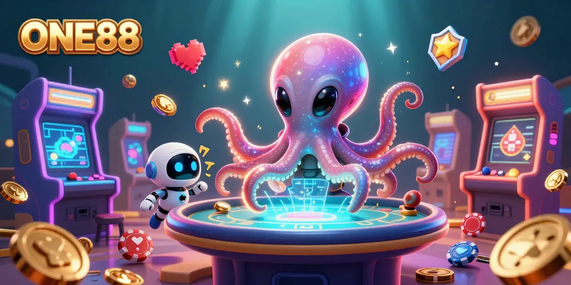 Join the fun at ONE88's exciting casino adventure with a vibrant 3D alien octopus and robot in space!