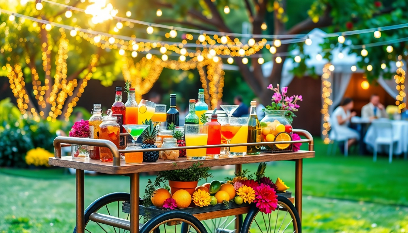 Engaging mobile bar service setup with vibrant cocktails at an outdoor event.