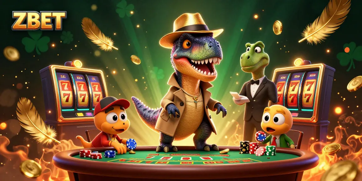 ZBET's thrilling casino scene featuring a stealthy velociraptor card counter, a vigilant stegosaurus pit boss, and a sneaky compy chip thief.