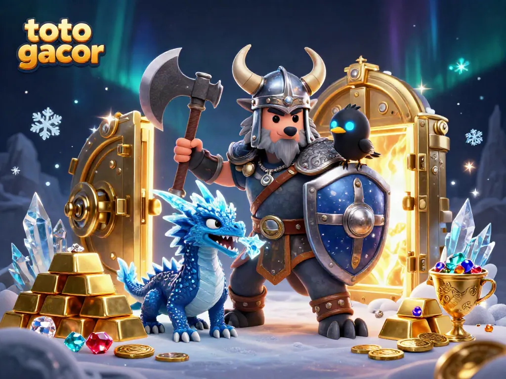 Engage in thrilling gameplay with toto gacor, featuring a Viking wolf warrior with a dragon and treasures surrounding them.