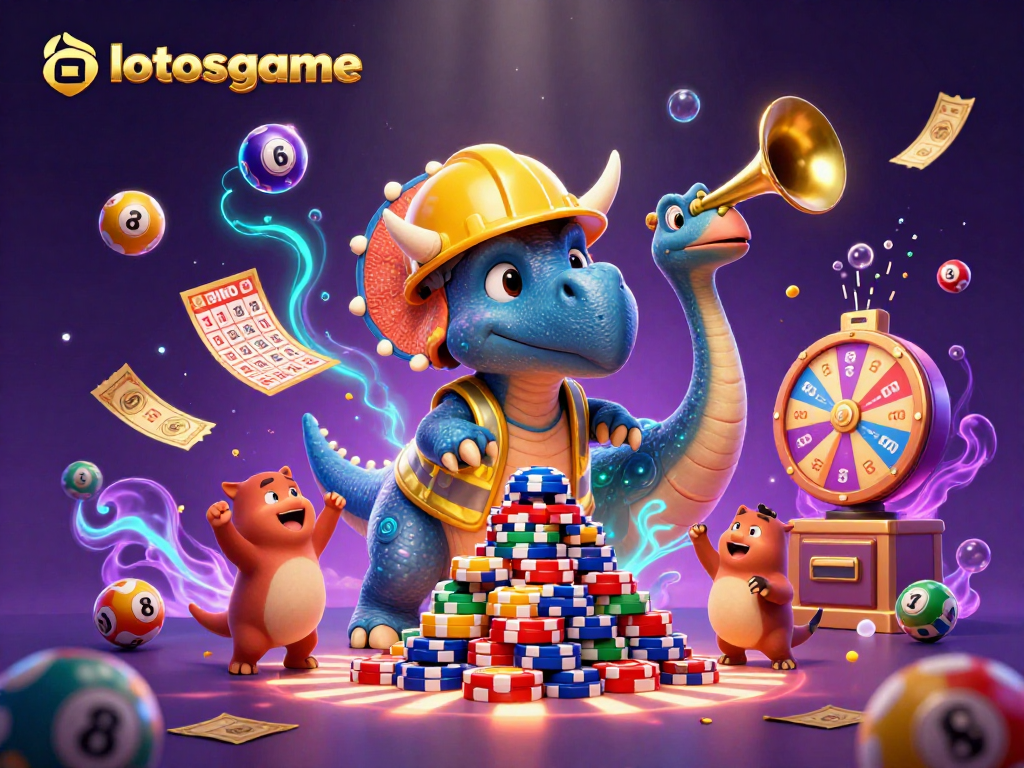 Engage with lotosgame through a vibrant 3D illustration featuring cheerful characters amidst a dynamic casino scene.