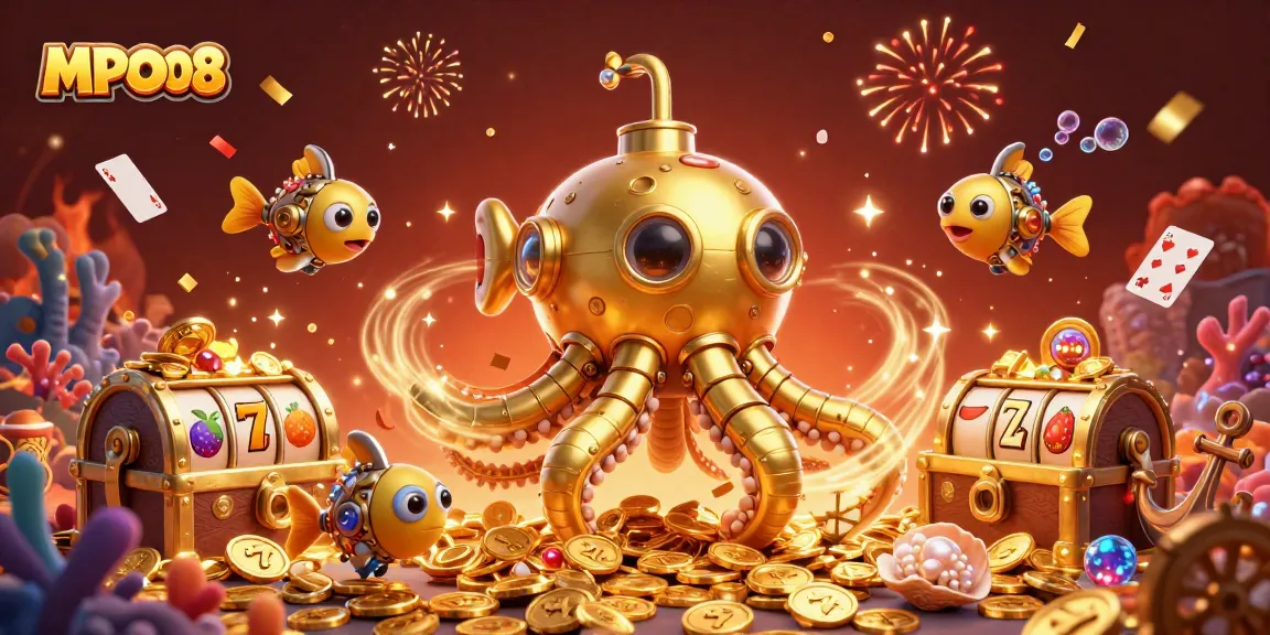 MPO08 showcases a captivating golden kraken submarine amidst a treasure-filled sea, embodying thrilling slot gaming action.