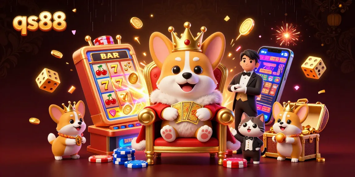 Spin and win with qs88's vibrant casino realm featuring royal corgi and dynamic slots.