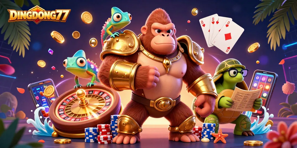 DINGDONG77 showcases a powerful gorilla king in a golden battle armor amidst dynamic casino elements.