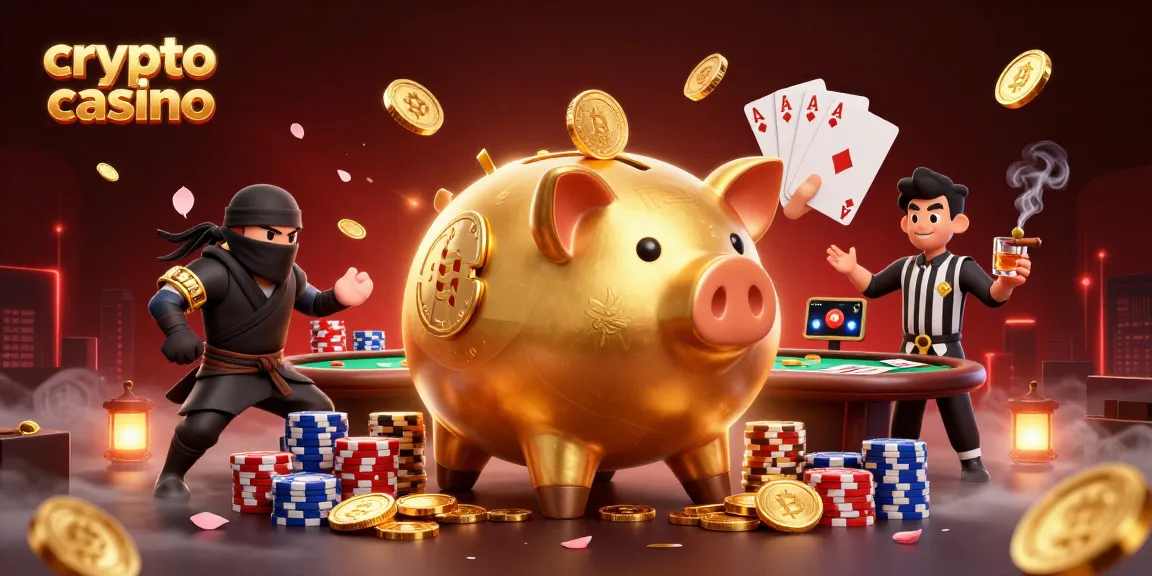 Ilustración de casino crypto con una luchadora cerdo dorado y oponentes en acción.