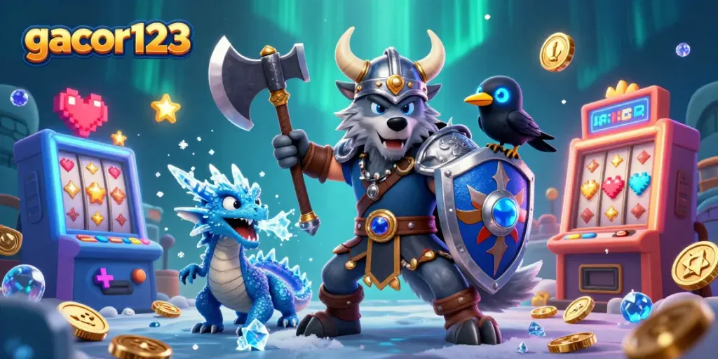 Win big with gacor123 slots as a Viking warrior, dragon, and raven come to life in vibrant 3D.