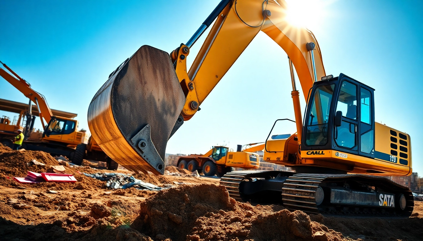 Excavator actively digging on a construction site with workers and materials around.