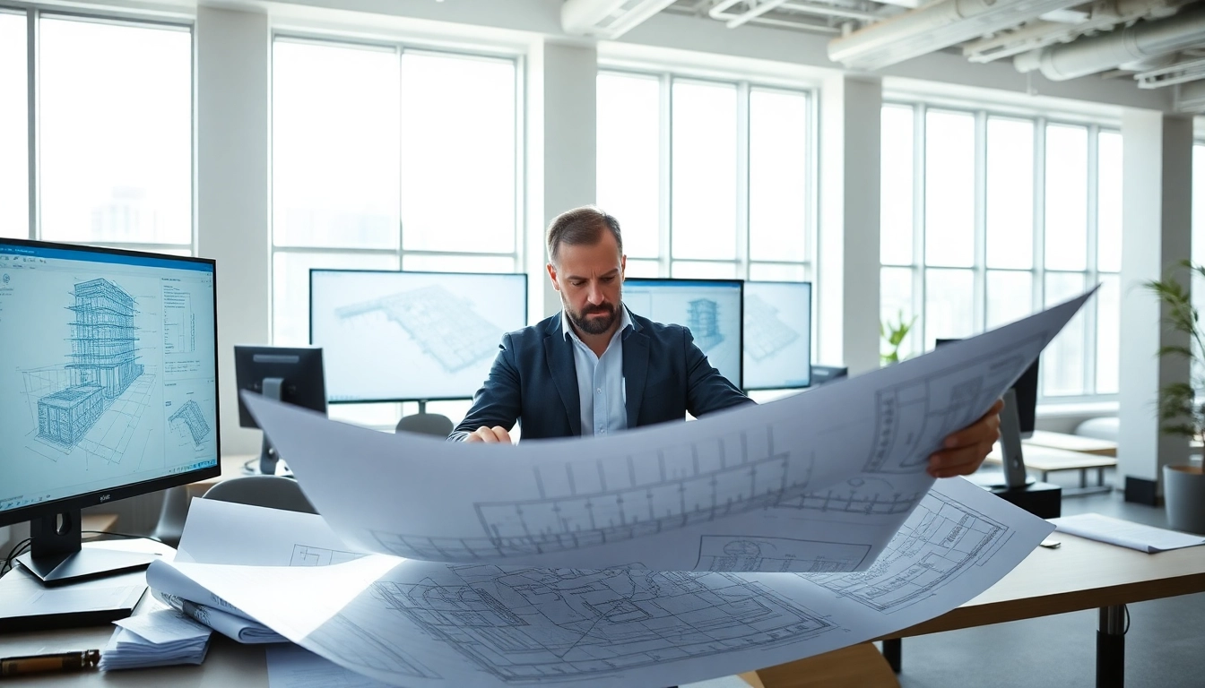 Architect analyzing Seismic Design plans with blueprints and digital tools in a professional office.