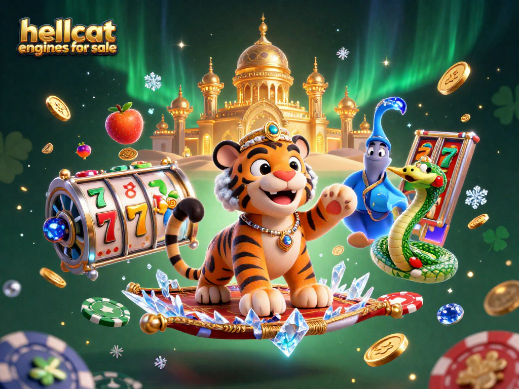 Experience thrilling wins with hellcat engines for sale in a vibrant slot machine scene featuring gold coins and lucky symbols.