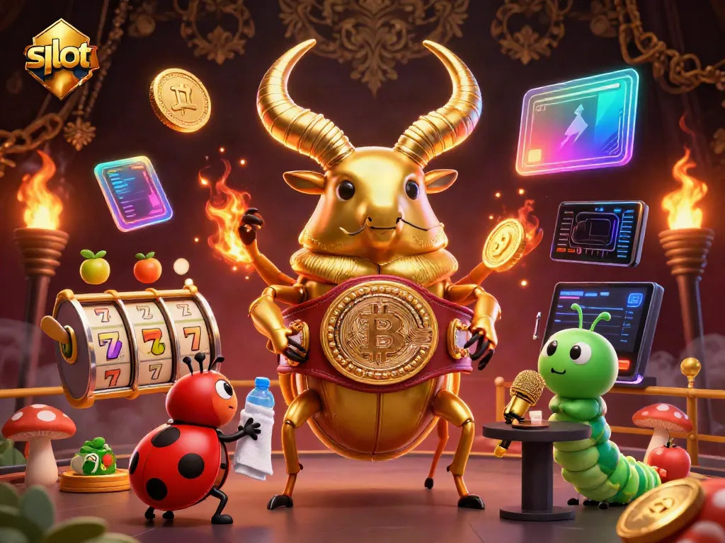 Engage with vibrant slot reels, lucky 7s, and fruit symbols in a dynamic 3D illustration.
