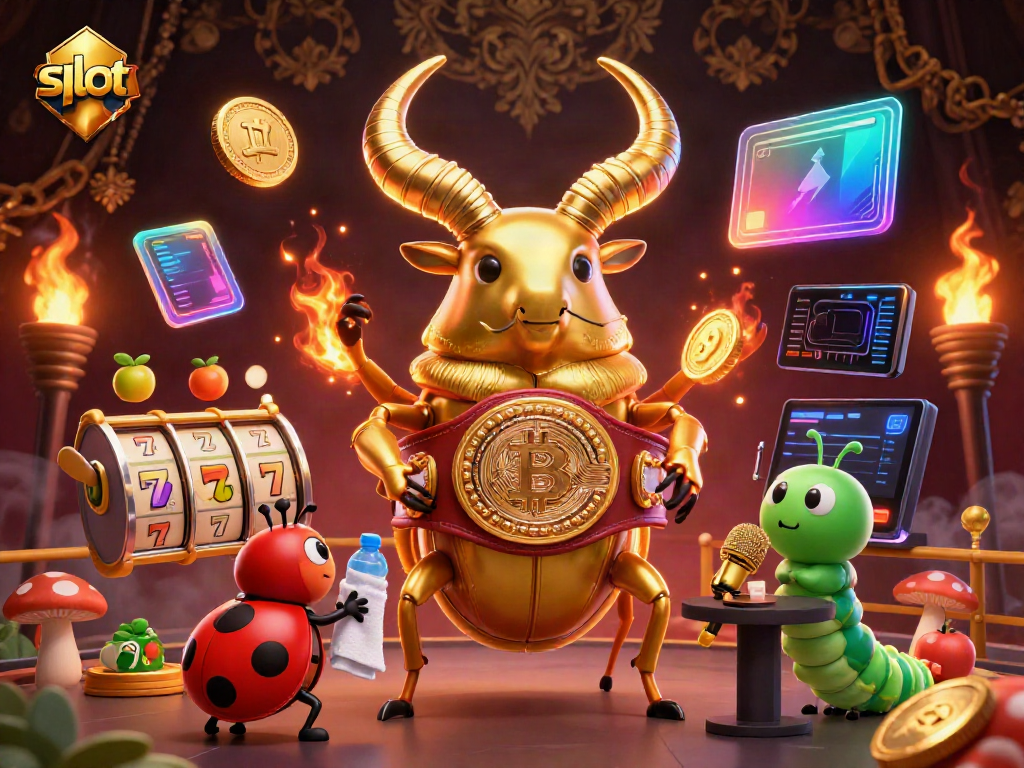 Engage with vibrant slot reels, lucky 7s, and fruit symbols in a dynamic 3D illustration.