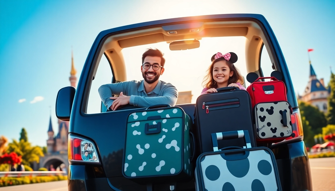 Experience a joyful family during their disneyland paris transfer in a Disney-themed vehicle.
