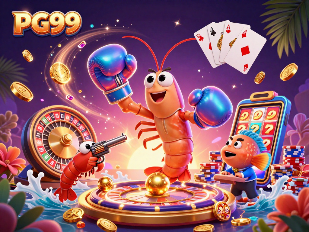 Play casino games with PG99 featuring animated manta shrimp, roulette, and sparkling gems.
