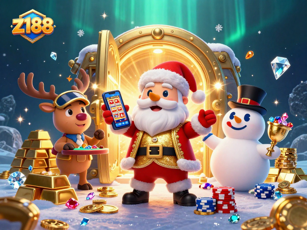 Engage in thrilling gameplay with z188 as Santa Claus, a reindeer dealer, and a poker chip snowman unite in a vibrant casino scene.