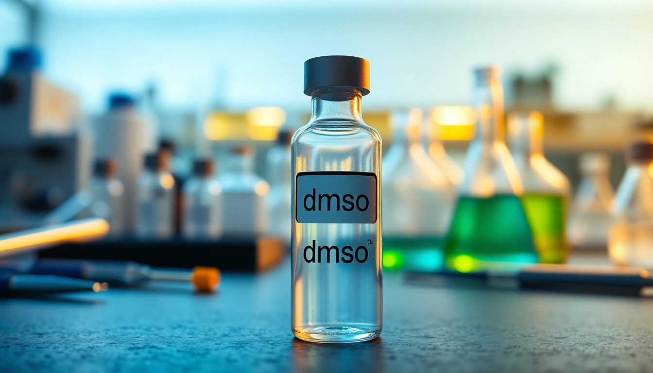 Examine dmso in a glass vial on a lab table with scientific equipment.