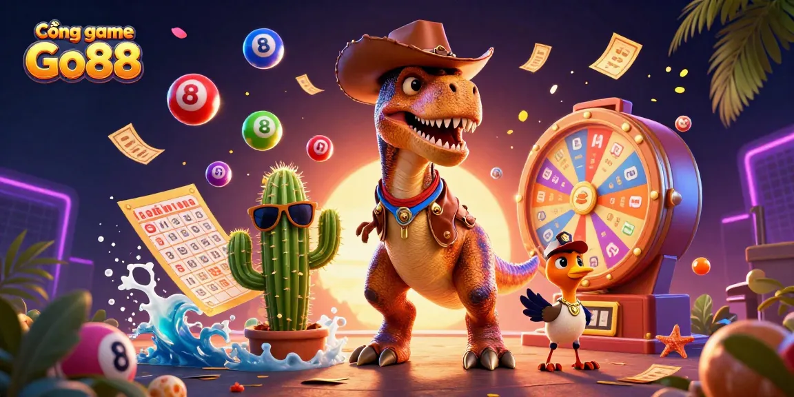 Cổng game Go88 features dynamic gambling action with vibrant casino elements and a lively cartoon character scene.