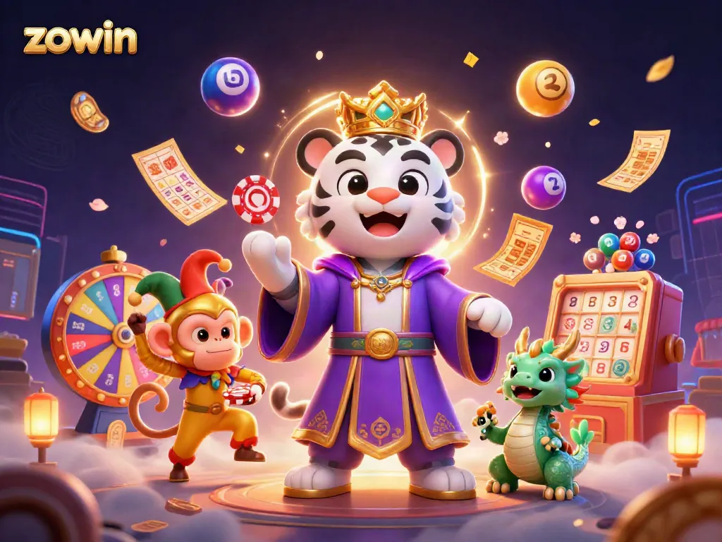 Zowin showcases a vibrant casino scene featuring a regal white tiger and playful monkey amidst colorful casino elements.