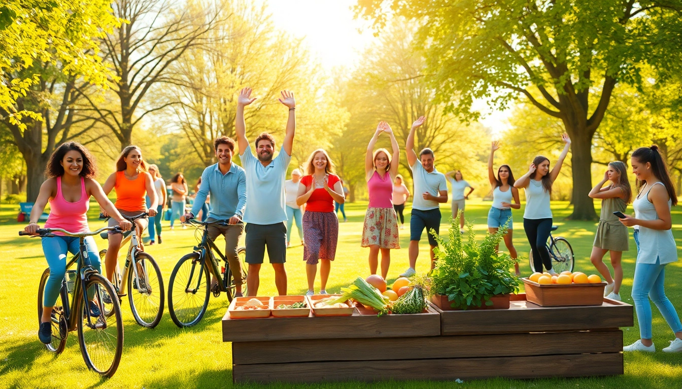 Engaged community practicing a Healthy Life through outdoor activities and nutritious cooking.