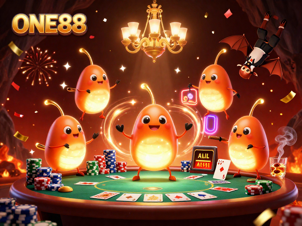 ONE88 glowworms illuminate a cave casino with poker elements and a bat dealer.