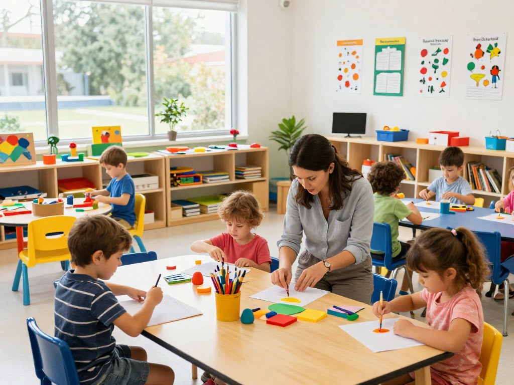 Children engaged in the Reggio Emilia Approach at a vibrant preschool classroom fostering creativity and exploration.
