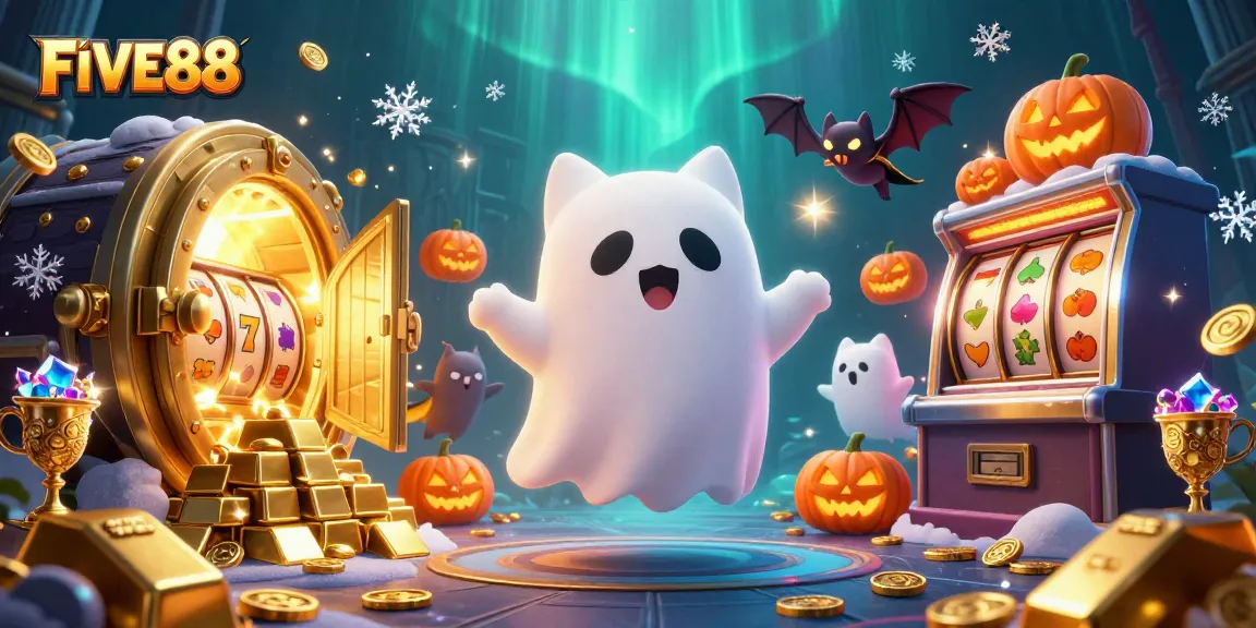 Experience thrilling slots at FIVE88 with a dynamic haunted casino scene featuring ghostly characters.