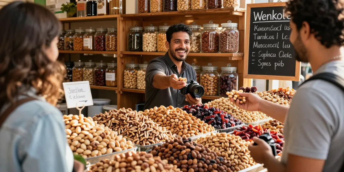 Fresh nuts and dried fruits display at the marketplace, vibrant scene promoting M98 ฝาก-ถอน and healthy snacking.