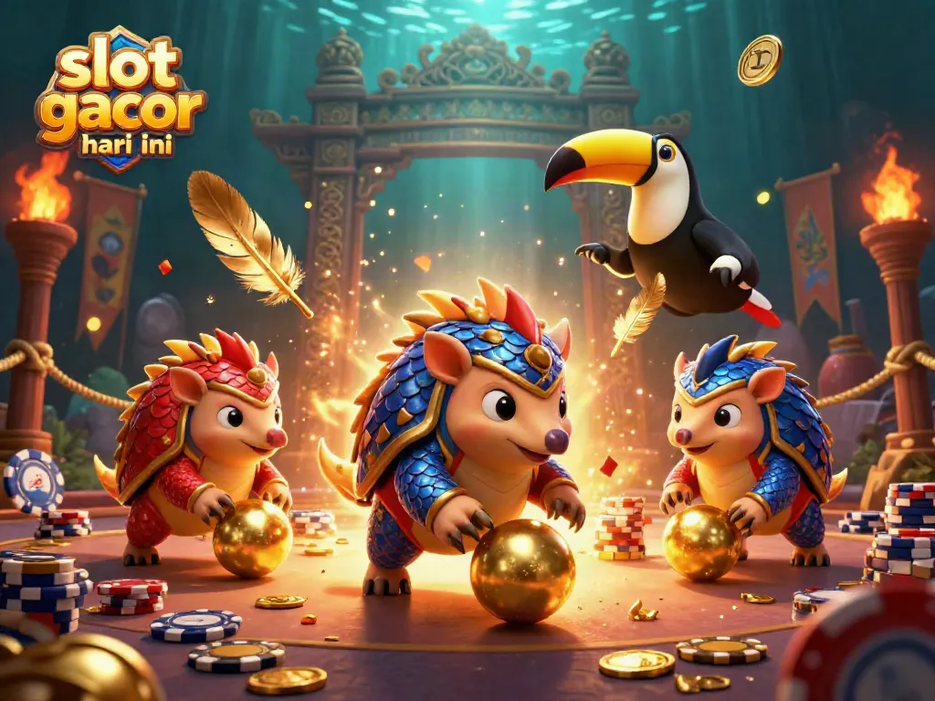 Gambarkan slot gacor hari ini dengan dua pangolin berkompetisi di arena kasino, dikelilingi koin emas dan efek api.