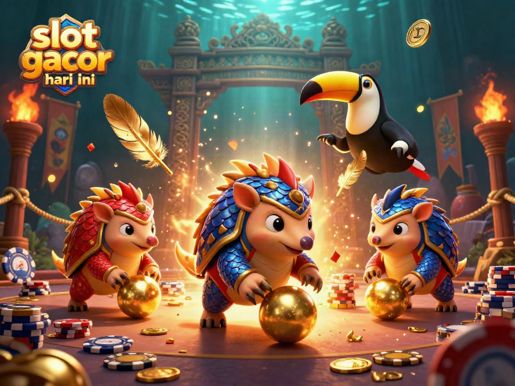 Gambarkan slot gacor hari ini dengan dua pangolin berkompetisi di arena kasino, dikelilingi koin emas dan efek api.