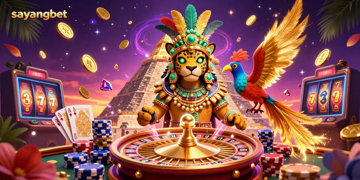 Experience the excitement of sayangbet with a vibrant casino scene featuring a Mayan priest and golden treasures.