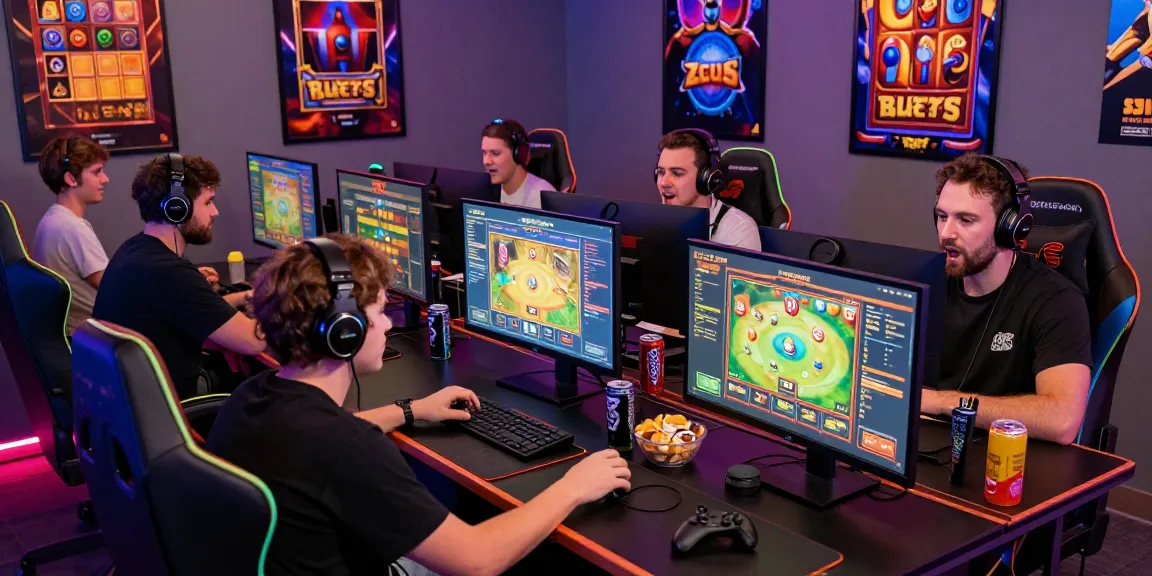 Players engaged in SLOT ZEUS on situs raja platform, showcasing vibrant gaming setup and excitement.