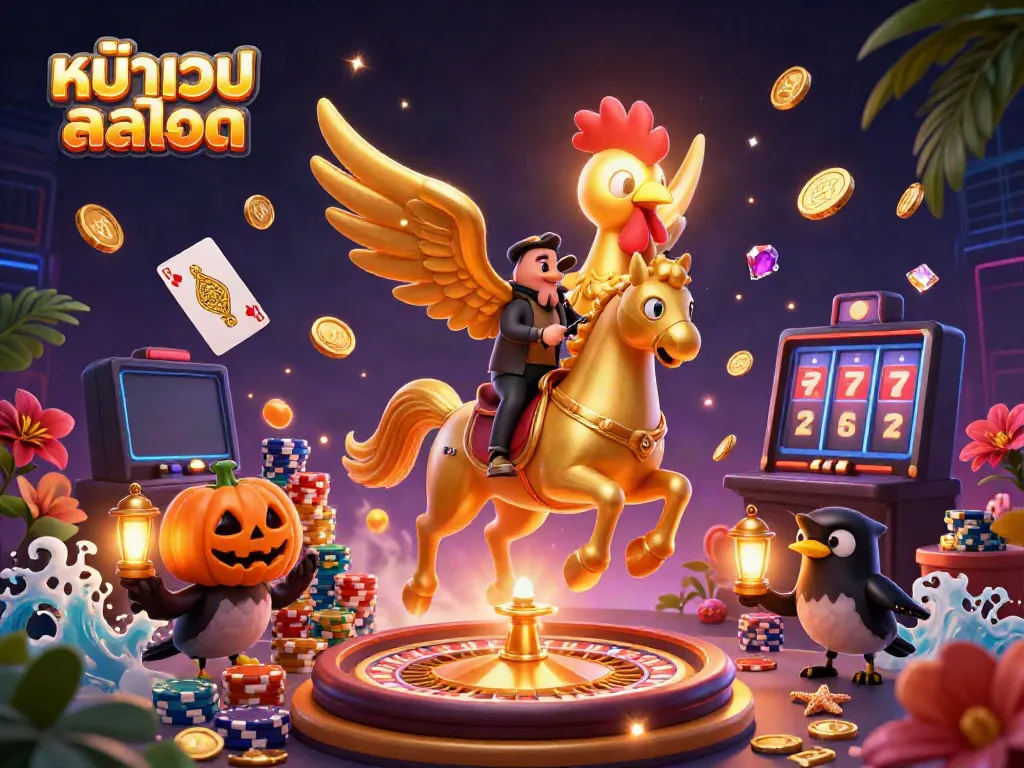 Engage in thrilling gaming at หน้าเว็บสล็อต with a golden rooster riding through a vibrant casino scene.