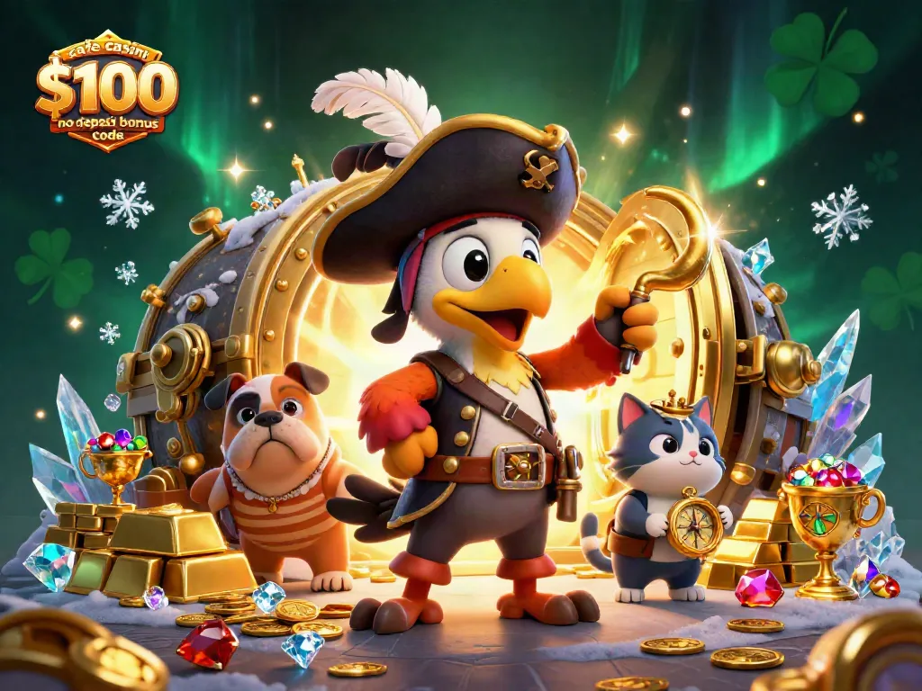 Engage with the cafe casino $100 no deposit bonus code in a vibrant 3D pirate themed casino scene.