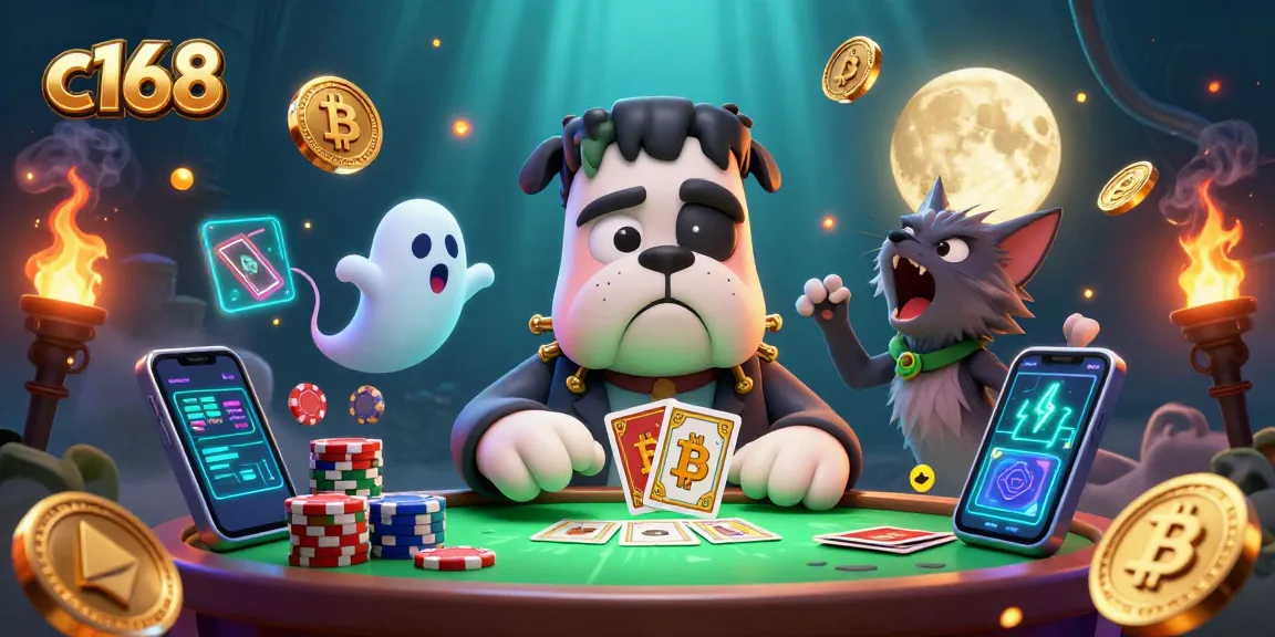 C168 players enjoy lively card games with a Frankenstein bulldog dealer in a neon-lit casino.