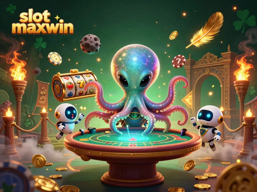 Explore slot maxwin in an exciting 3D casino scene featuring an alien octopus and robot.