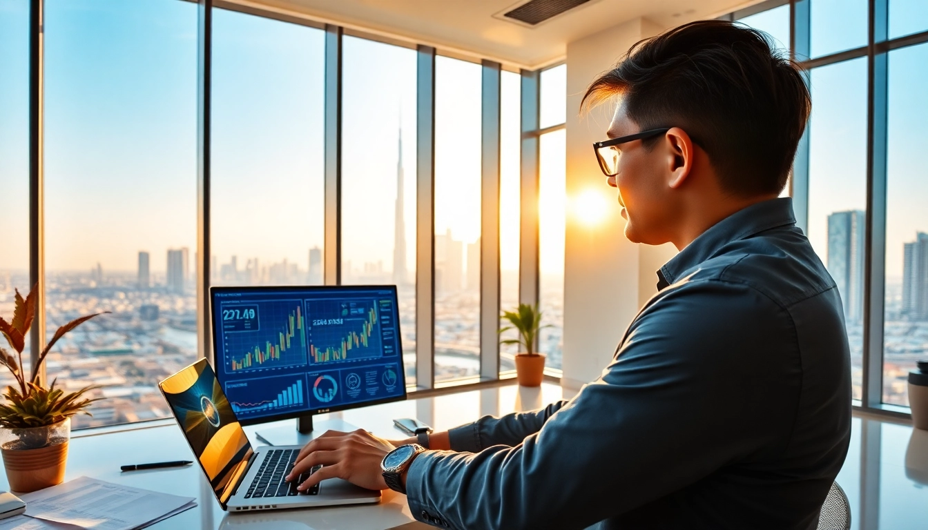 Showcase an AI website for real estate developers Dubai with a developer in a modern office.
