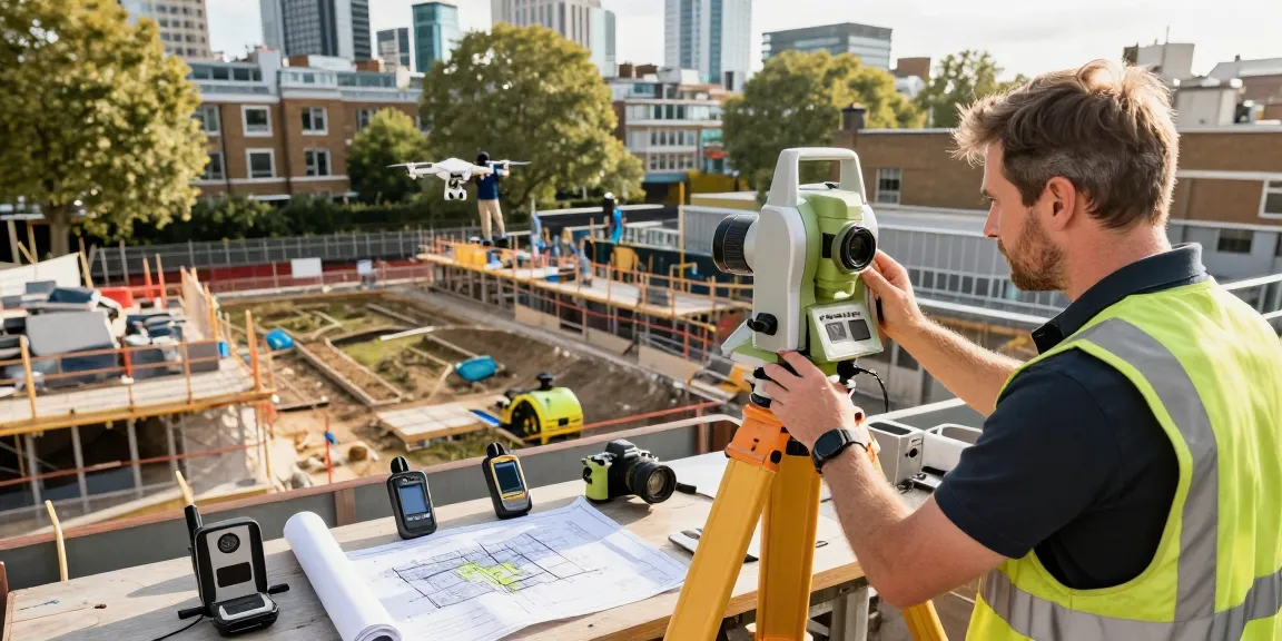 London land surveyors conducting topographical analysis on a construction site with advanced equipment.
