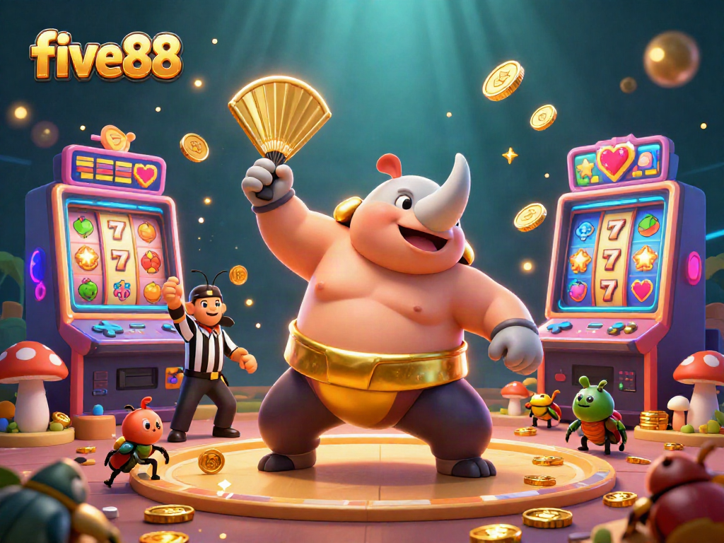 Engage with five88 as a 3D rhinoceros beetle sumo champion celebrates a jackpot with flying coins.