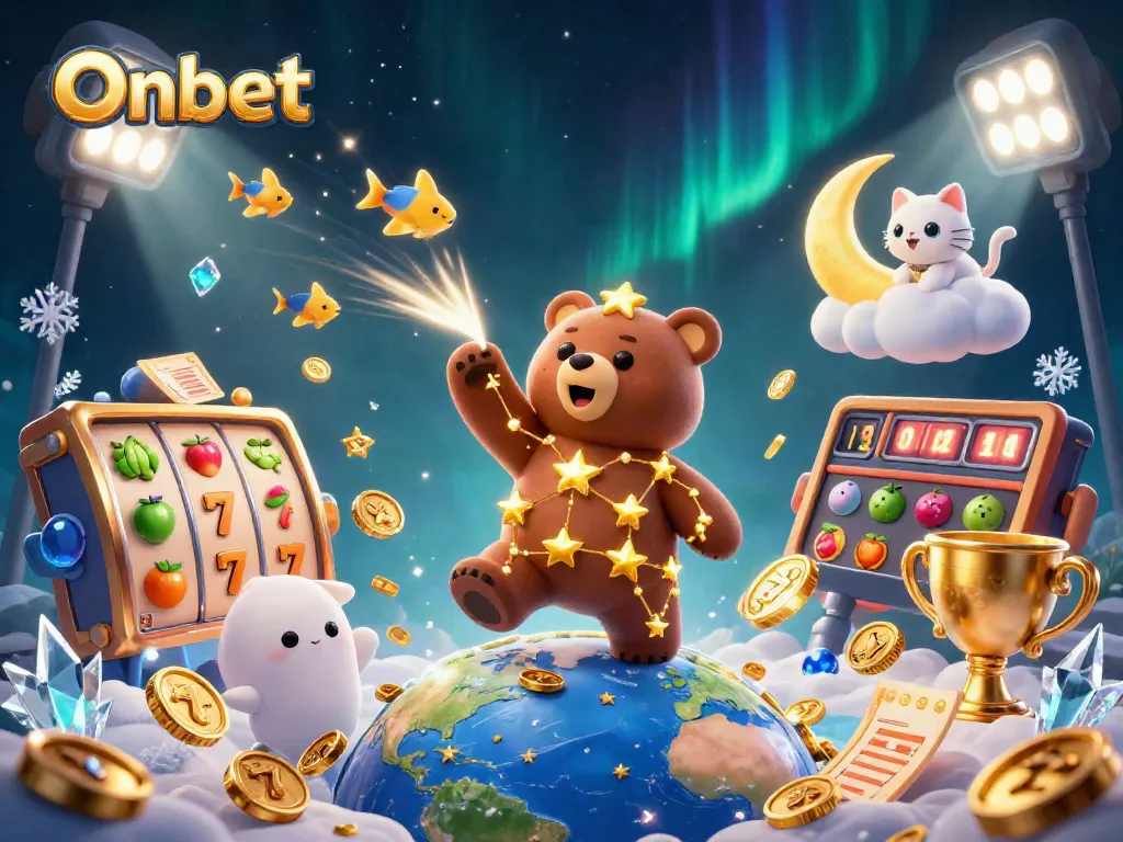 Join the excitement with Onbet, featuring a bustling casino scene filled with animated slot elements and shining coins.
