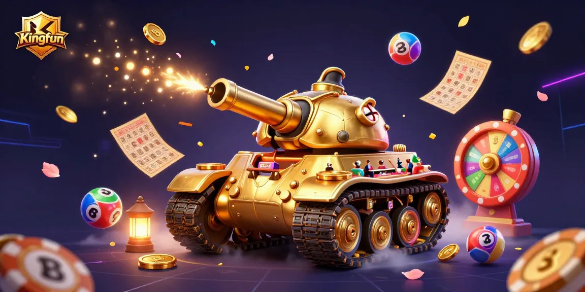Experience the excitement of Kingfun with a dynamic casino scene featuring a golden beetle tank, lottery elements, and vibrant decorations.