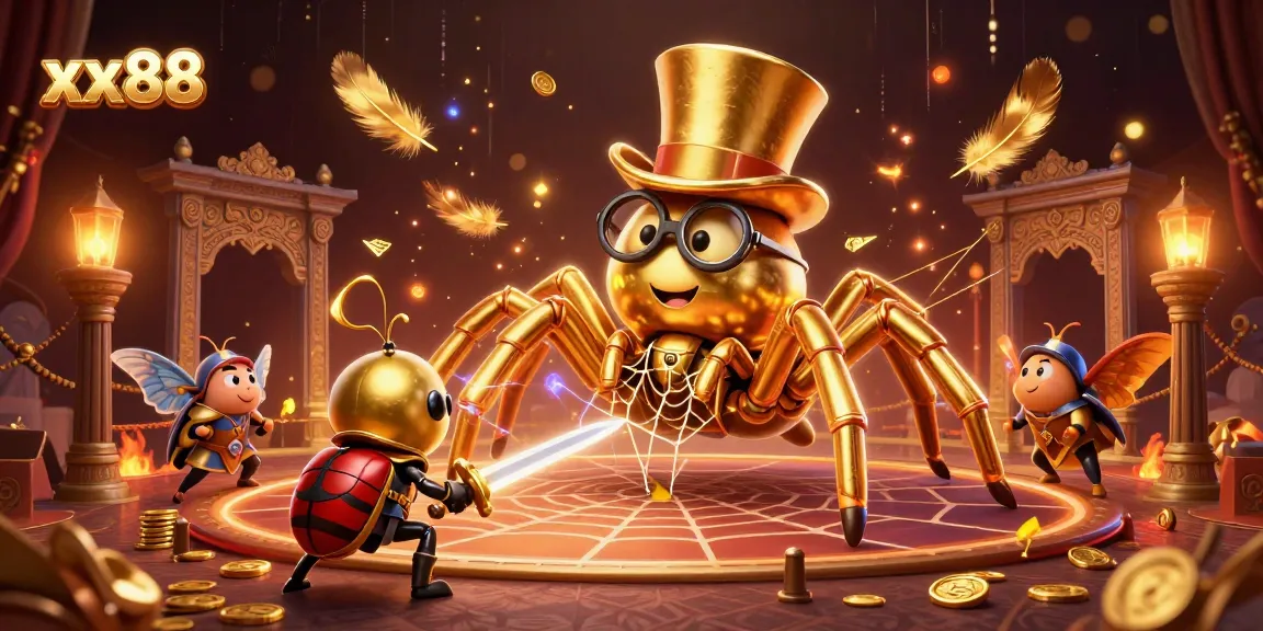 Engage with xx88's thrilling casino atmosphere as a golden tarantula weaves magic in a vibrant setting.