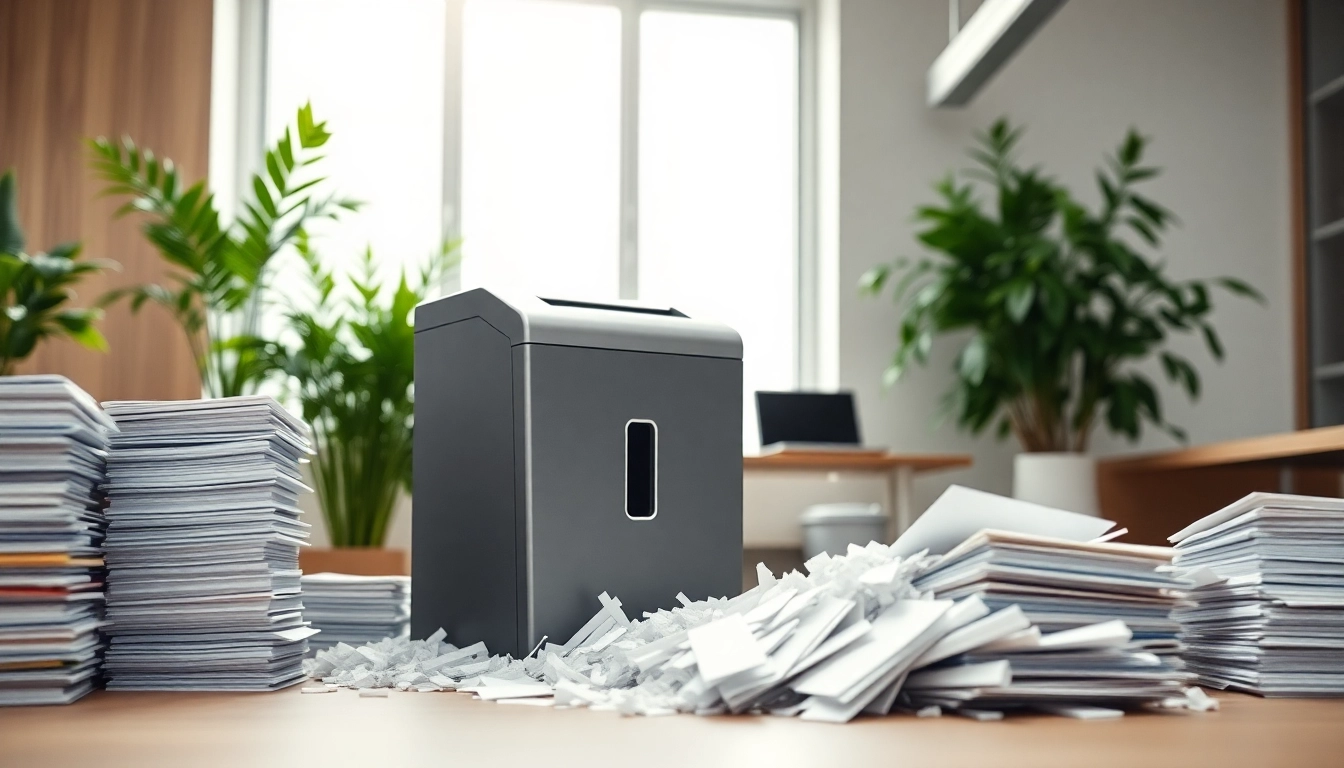 Secure Shredding services Cleveland for business documents with modern shredder in professional office setting.
