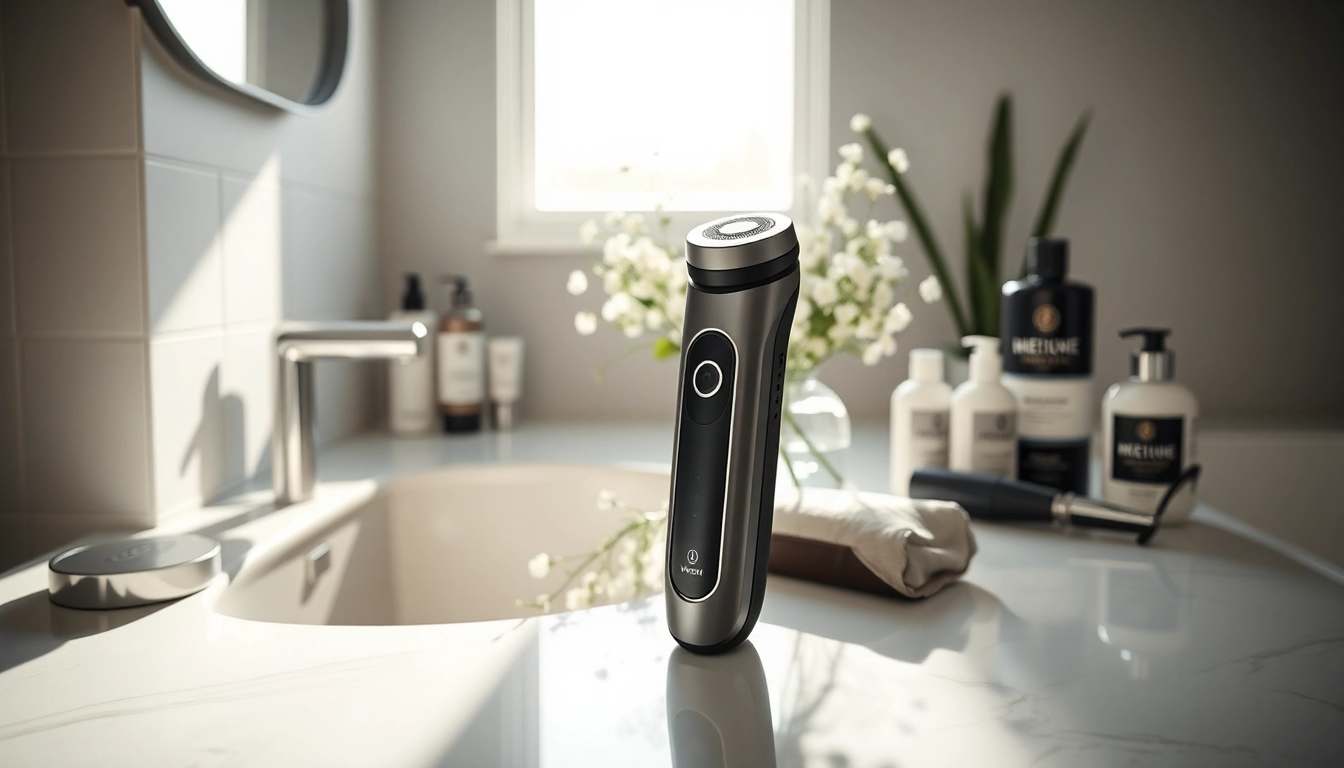 Showcasing an electric shaver for men against a sleek bathroom backdrop, highlighting modern grooming.
