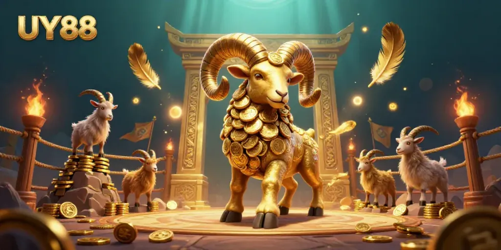 Experience the vibrant action of UY88 with a golden ram and mountain goats in an animated casino showdown.