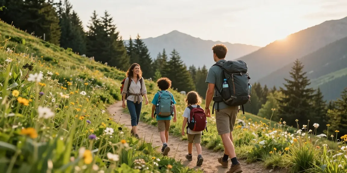 Family hiking in the mountains, showcasing family adventure with mantra88 in a vibrant outdoor setting.