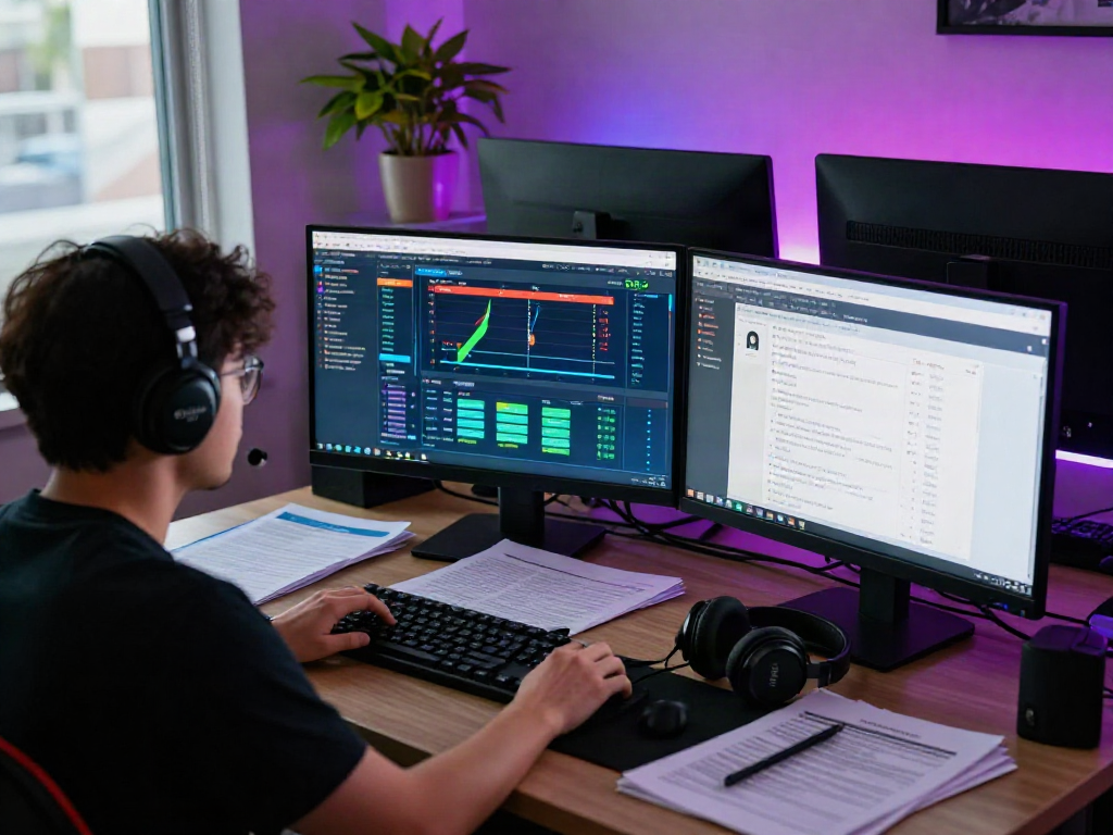 Focused individual analyzing online gambling sites for 먹튀검증 compliance and user safety.